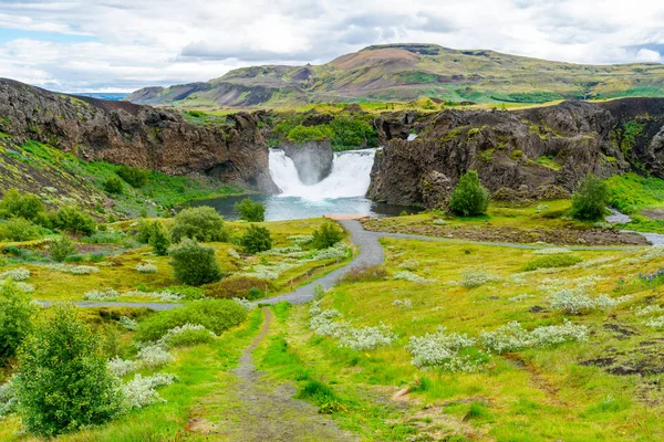 Vista Das Cachoeiras Hjalparfoss Campo Flores Vale Thjorsardalur Sul Islândia — Fotografia de Stock