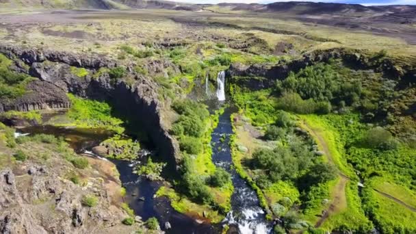 Krajina Gjain Kaňonu Slunečný Den Pjorsardalur Údolí Krásné Vodopády Highland — Stock video