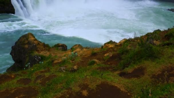 Schöne Aussicht Auf Godafoss Wasserfälle Und Den Fluss Skjalfandafljot Bezirk — Stockvideo