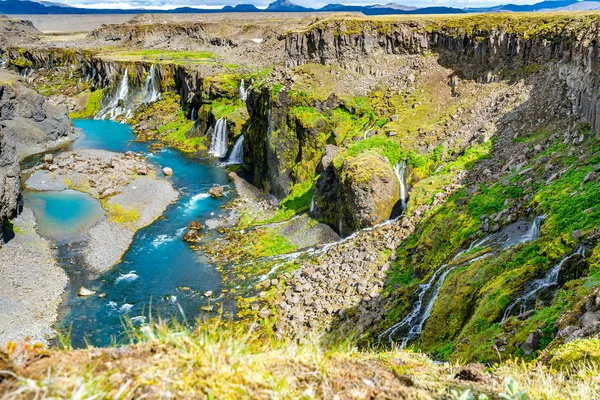Καταρράκτες Στο Φαράγγι Sigoldugljufur Γαλάζιο Ποτάμι Κεντρικά Υψίπεδα Της Ισλανδίας — Φωτογραφία Αρχείου