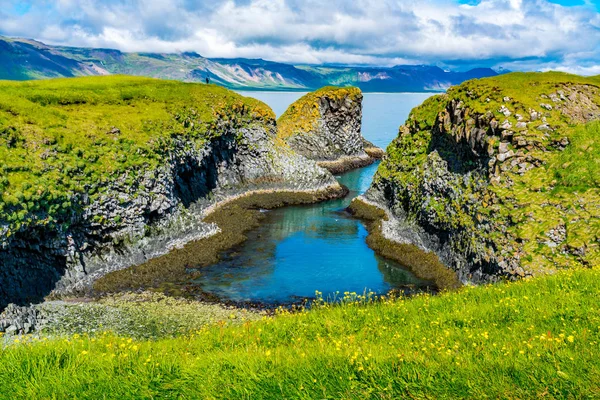 Schöne isländische Landschaft der felsigen Küste bei Arnarstapi Dorf lizenzfreie Stockbilder