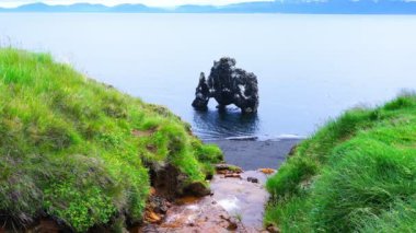 Hvitserkur kaya oluşumu akan bir dere ile Kuzeybatı İzlanda'daki Vatnsnes yarımadasının Doğu sahilinde görünümünü su