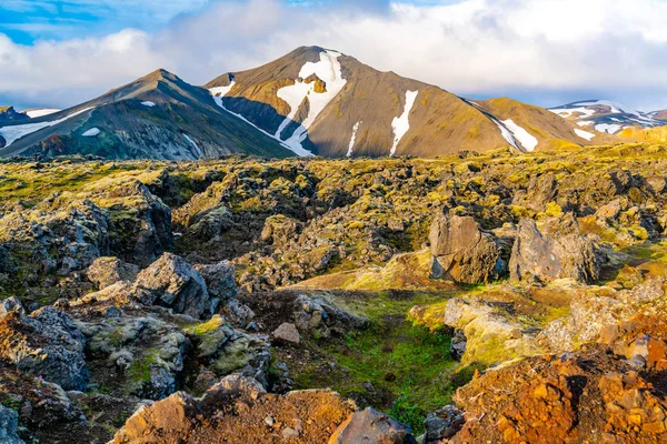 美しい山や高原のアイスランドのレイキャヴィークで岩のフィールドの風景 — ストック写真