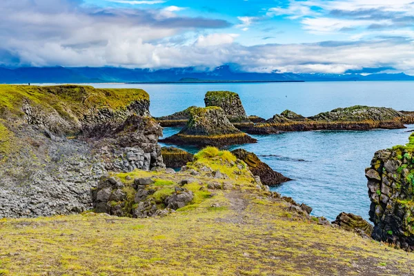 Naturlandschaft Mit Schönen Bemoosten Klippen Und Basaltfelsen Bei Arnarstapi Island Stockbild