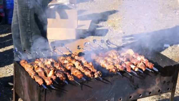 ウルギー モンゴルのイヌワシ祭り会場で午前中にストリート ビュー失速でバーベキュー — ストック動画