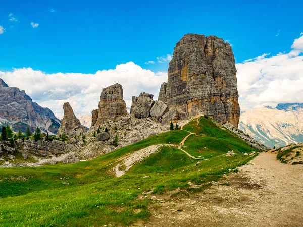 Cortina d'Ampezzo çim ve sarı çiçeklere yeşil Tepesi famoun Cinque Torri manzaralı