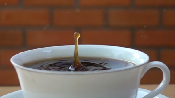 Drop Coffee White Cup Filled Black Coffee Slow Motion — Stock Video