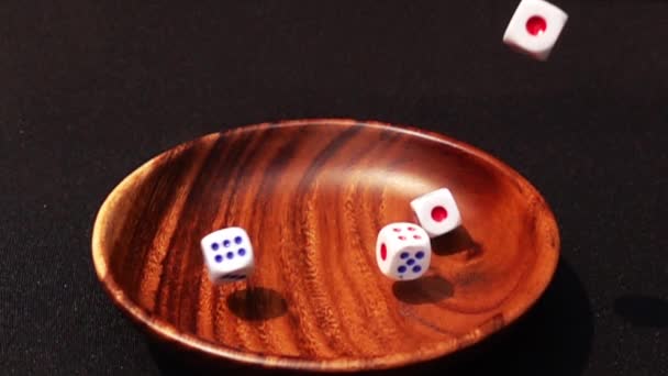 Closeup Dice Falling Wooden Bowl Black Background Slow Motion — Stock Video