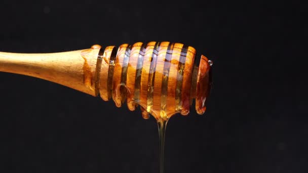 Med, který stéká z medové naběračka na tmavém pozadí