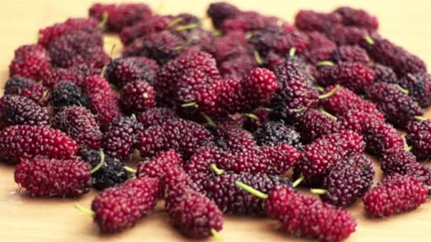 Ripe Mulberries Fall Wooden Board Slow Motion — Stock Video