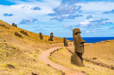 Paskalya Adası'ndaki Rano Raraku'daki Moais Ocağı'nın görünümü