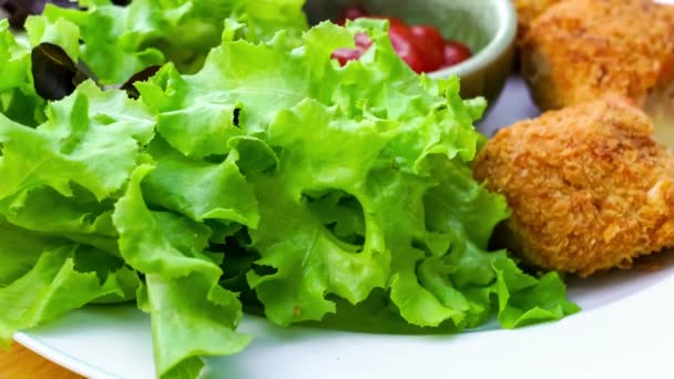 Delicious Cylindrical Croquettes Fresh Vegetables White Plate Turning Wooden Board — Stock Video