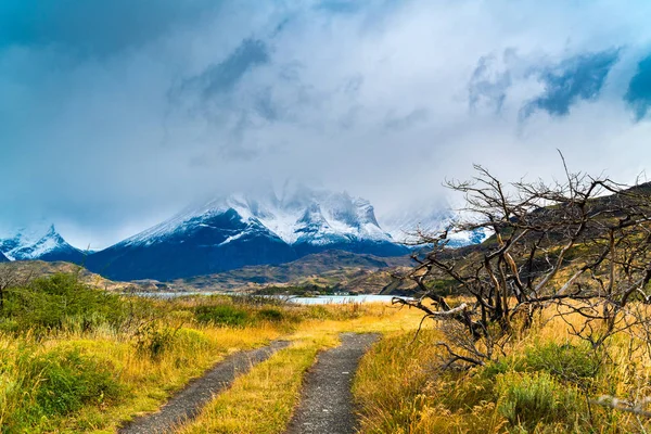 Vista de la montaña Cuernos Del Paine con niebla y nubes de lluvia en L — Foto de Stock