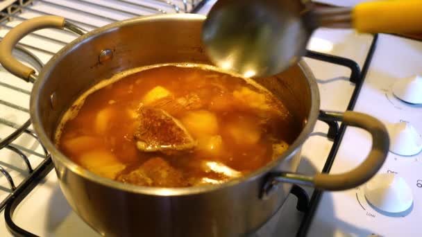 高齢者の手は ガスの上に自家製牛肉スープの金属鍋から肉やジャガイモの一片をはがしました — ストック動画
