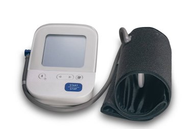 High angle view of digital blood pressure monitor isolated on white background with clipping path.