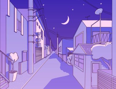 Gece Asyalı caddesi yerleşim bölgesinde. Huzurlu ve sakin bir ara sokak. Japon estetik illüstrasyonu, tişört baskısı için vektör manzarası. Otaku ve hipster moda tasarımı. Yıldızlı, kablolu ve hilal şeklinde mor gökyüzü