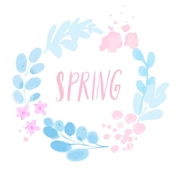 Spring Floral Wreath Painted Watercolor Pink Blue Flowers Soft Pastel — Stock Vector