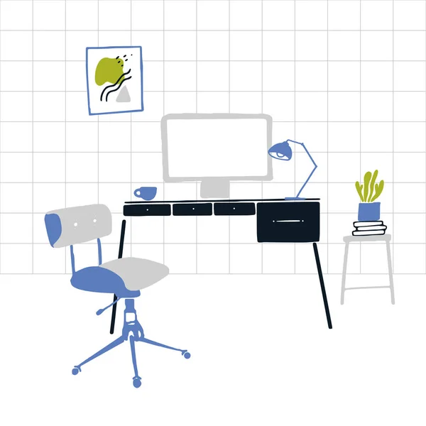 Heimarbeit Klassischer Bürodrehstuhl Schreibtisch Mit Großbildschirm Lampe Und Kaffeetasse Modernes — Stockvektor