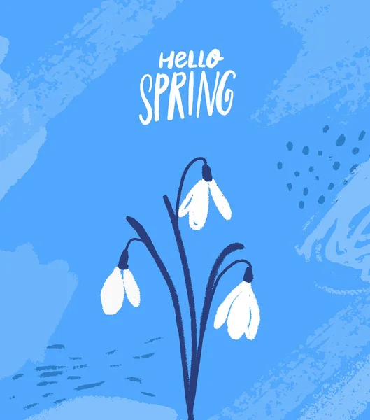 雪が降る 抽象的なストロークで青の背景に最初の春の花を手描き こんにちは春のカードベクトルデザイン — ストックベクタ