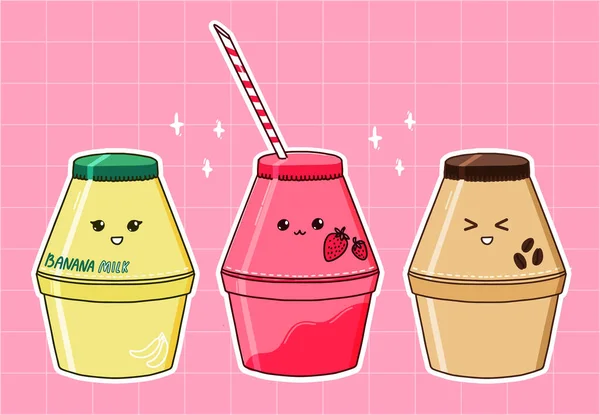 Saborizantes Leche Plátano Fresa Café Bebida Coreana Popular Estética Kawaii — Archivo Imágenes Vectoriales