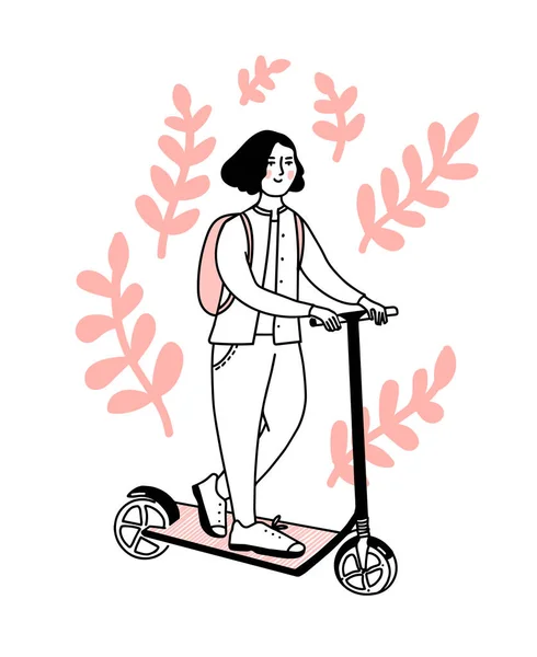 年轻女子骑着粉色背包的踢踏车 青少年骑电动车 用枝条装饰的Z Doodle矢量的可爱图解 — 图库矢量图片