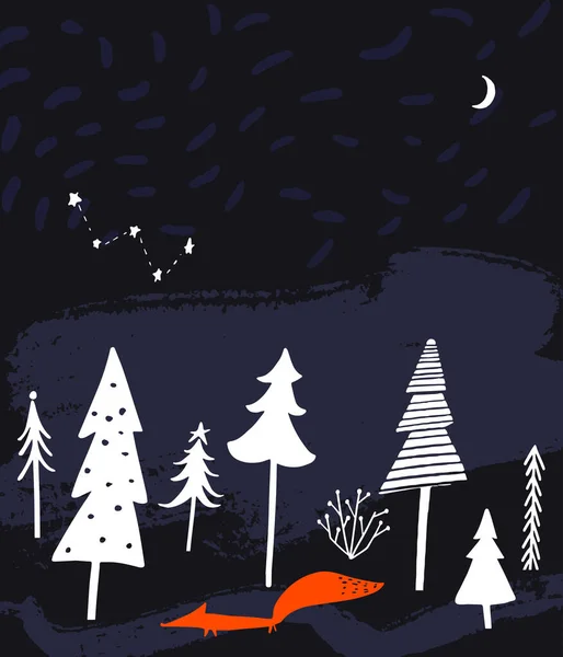 春と裸の木 オレンジのキツネ 月と星座を持つ星空と夜の冬の森の風景 現代のクリスマスカードのデザイン 冬の季節の挨拶 — ストックベクタ