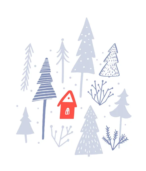 冬の森の小さな赤いキャビン 手描きのイラスト クリスマスカード現代フラットデザイン 木々やトウヒと白い雪の背景 — ストックベクタ