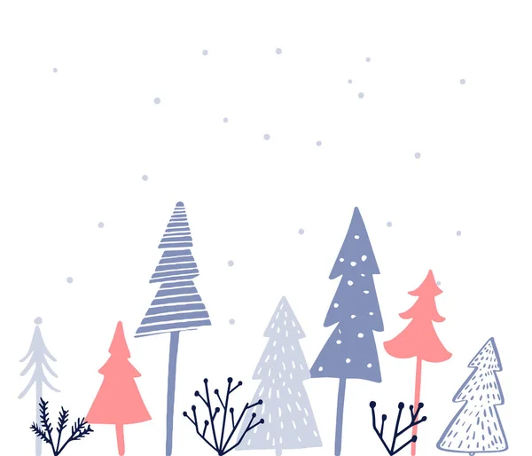 シンプルなクリスマスカードのデザイン 白の背景に異なるスタイルのクリスマスツリー 白の背景にピンクと青のスプルース ミニマリズムのイラスト — ストックベクタ