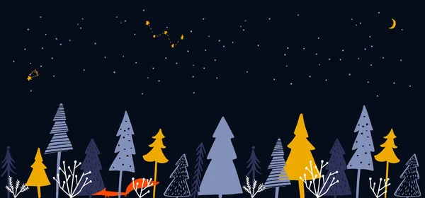 Horizontales Banner Mit Winterwald Illustration Weihnachtsbäume Fichten Orangenfuchs Der Nächtlichen — Stockvektor