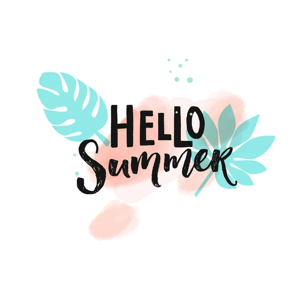 Надпись Hello Summer Розовых Акварельных Кистях Синих Листьях Баннерный Векторный — стоковый вектор