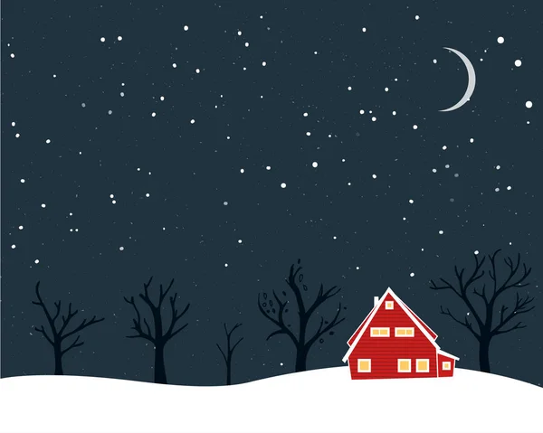 Winter Scenery Tiny Red House Naked Trees Moon Christmas Card — Stock Vector