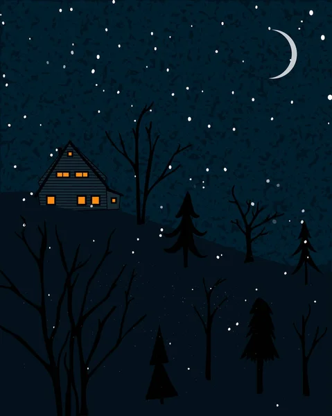 Paisaje Invernal Con Casita Bosque Escena Nocturna Con Nieve Árboles — Vector de stock