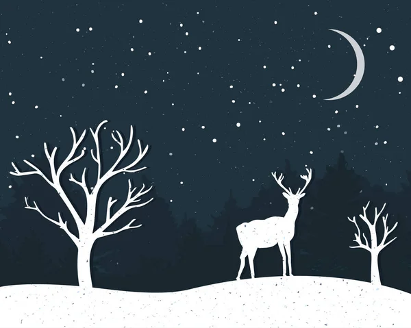 Winterkarte Mit Stehenden Rentieren Und Nackten Baumsilhouetten Papiergeschnittene Weihnachtskarten — Stockvektor