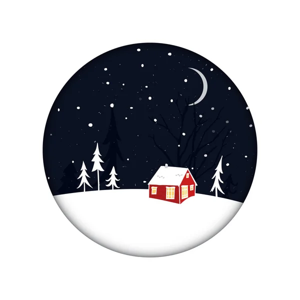 雪や木々のシルエットと夜の風景で小さな赤い家 サークルフレーム内の冬の風景とクリスマスカード — ストックベクタ