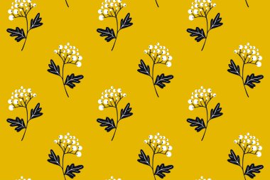 Sarı arka planda beyaz böğürtlen deseni. Tekstil tasarımı için hassas doku, vektör tekrarlı fayans. El çizimi elementlerle minimal İskandinav tarzı