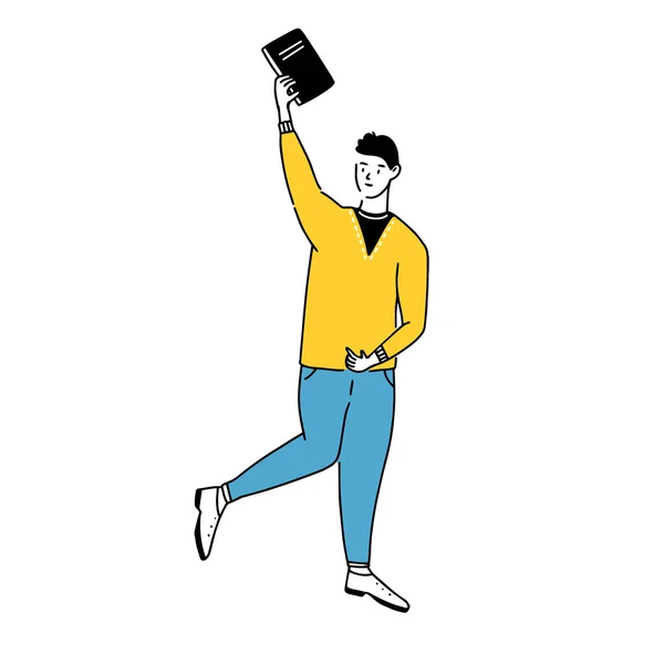 Szczęśliwy Młodzieniec Trzymający Książkę Ręce Vector Doodle Student Żółtym Swetrze — Wektor stockowy