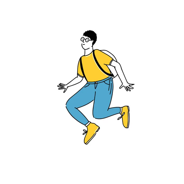 Skákající Mladý Muž Kulatých Brýlích Žlutém Tričku Modrých Džínách Student — Stockový vektor