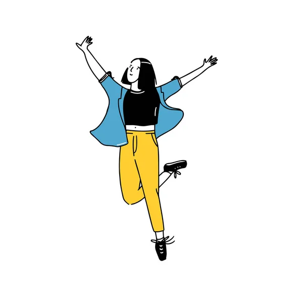 快乐的年轻女子高举双手 单腿跳跃 卡通女学生矢量涂鸦说明 无忧无虑的性格 — 图库矢量图片