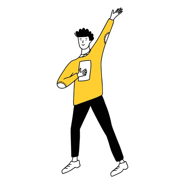 Doodle Man Podniesioną Ręką Żółtym Swetrze Czarnych Spodniach Prosty Rysunek — Wektor stockowy