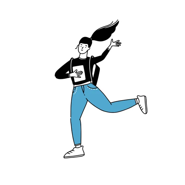 Szczęśliwa Dziewczyna Kucykiem Trzymająca Książkę Biegająca Machająca Ręką Odizolowany Rysunek — Wektor stockowy