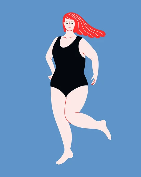 Плюс Размер Женщины Рыжими Волосами Одном Купальнике Положительная Плоская Векторная — стоковый вектор