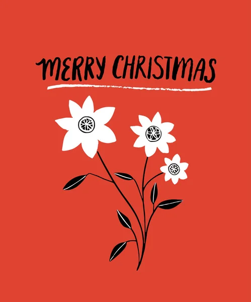 Red Merry Tarjeta Navidad Con Texto Letras Mano Rama Flores — Vector de stock
