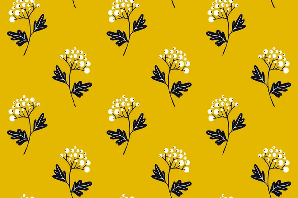 黄色の背景に白いブッシュベリーのシームレスなパターン テキスタイルデザインのための繊細なテクスチャ ベクトル繰り返しタイル 手描きの要素を持つミニマルなスカンディナヴィアスタイル — ストックベクタ