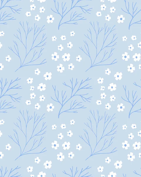 白い花や枝を持つ青ノルディックパターン テキスタイルデザインのための繊細なテクスチャ ベクトル繰り返しタイル 手描きの要素を持つミニマルなスカンディナヴィアスタイル — ストックベクタ