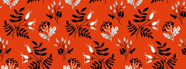 赤は黒手描きの枝や葉でヒップシームレスなパターンをバラ 民俗芸術様式 伝統的なベクトル装飾 — ストックベクタ