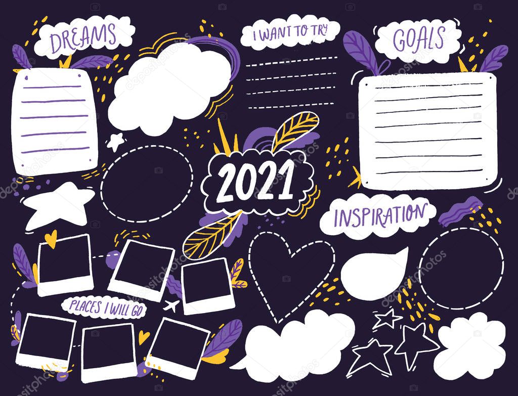 Wish board template with place for goals, dreams list, travel plans and inspiration. Vision collage for teens, nursery poster design. Journal page for planning, new year resolutions in 2021. Vision board workshop asset.
