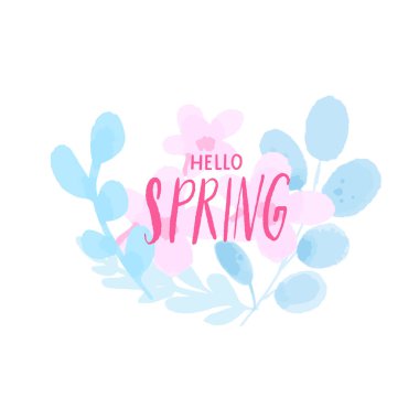 Pastel pembe suluboya kiraz çiçekleri ve mavi boyalı dallar üzerine bahar metni. Hassas taze doğa tasarım elementi.