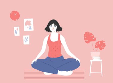 Genç kız bacak bacak üstüne atarak meditasyon yapıyor rahat pembe bir odada poz veriyor. Stres atmak için evde farkındalık egzersizi. Lotus Asana 'da bir kadın, yoga vektör çizimi yapıyor.