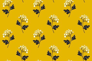 Sarı arka planda beyaz böğürtlen deseni. Tekstil tasarımı için hassas doku, vektör tekrarlı fayans. El çizimi elementlerle minimal İskandinav tarzı