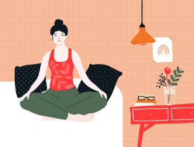 Yoga ve meditasyon yapan bir kadın. Nilüfer çiçeğindeki farkındalık pratiği evde yapılır. Yastıklarla, yatak dolabıyla, posterle ve lambayla dolu rahat bir oda. Sakin ve rahatlatıcı vektör çizimi